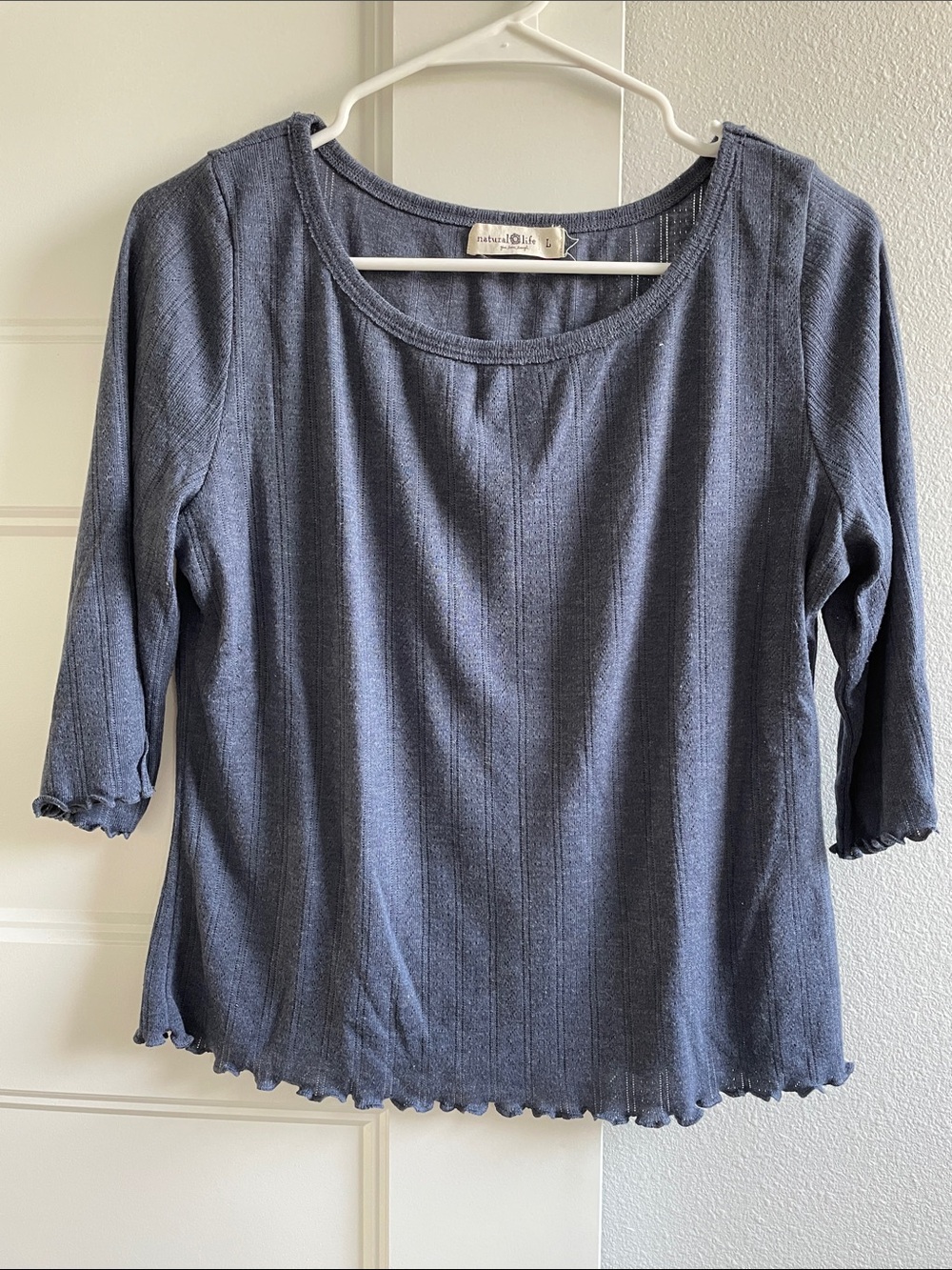 NATURAL LIFE Navy Blue Leah Pointelle Scoop Neck Short Sleeve Top